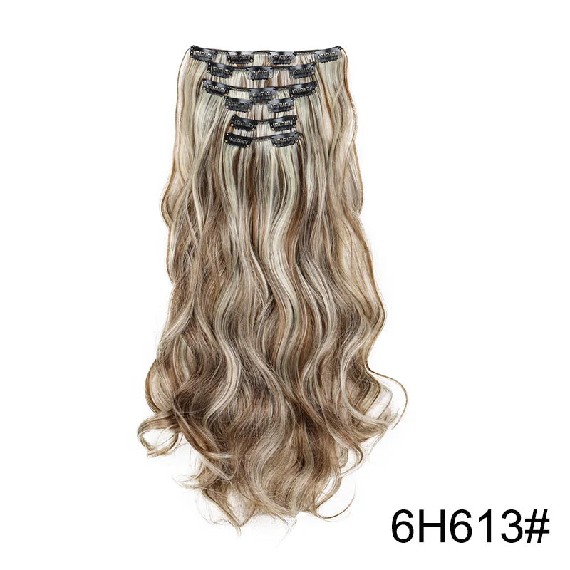 WIGSIN Synthetic 24Inch Long Curly 16 Clips Hair Extension Heat Resistant Fiber Black Brown Hairpiece for Women