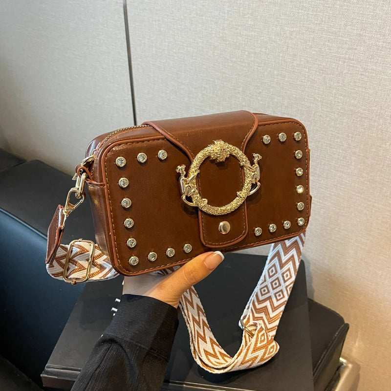 Luxury Rivet Pu Leather Crossbody Bag For Women 2024 New Wide Strap Shoulder Handbag And Purse Black Zipper Messenger Bags