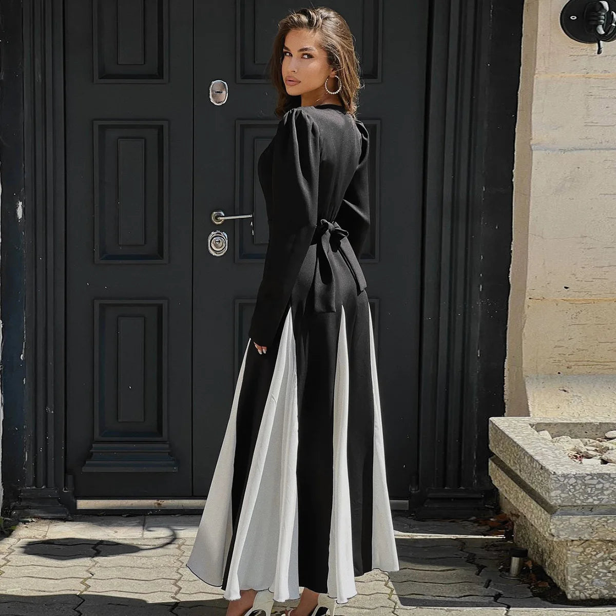 Women's Clothing 2025 Spring and Summer New Temperament Fashion Celebrity Style Contrasting Color Mid-waist Lace-up Dress