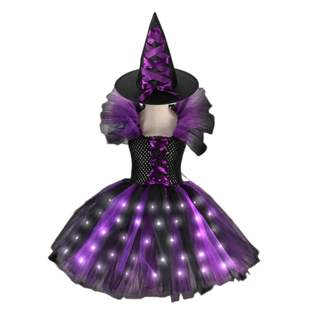 Halloween Costume For Kids Girls Witch Cosplay Tutu Knee LED Dress With Hat Broom Children Carnival Vestidos Fancy Clothes New