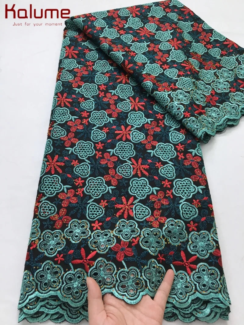 Kalume African Cotton Embroidered Lace Fabric With Stones 2025 Nigerian Swiss Voile Lace Fabric Flower For Sewing Dress F4325