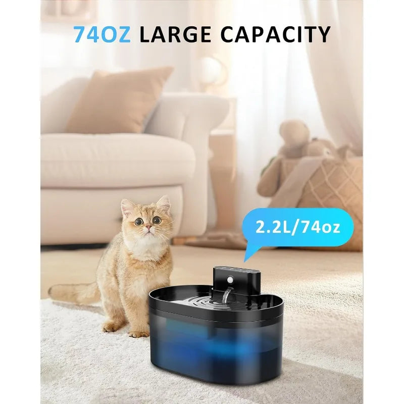 Pet Water Fountain Battery Operated 2.2L Automatic pet Dispenser，Rechargeable Drinking Fountain for Cats  with Motion Sensor