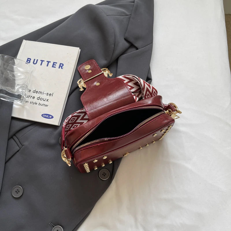 Luxury Rivet Pu Leather Crossbody Bag For Women 2024 New Wide Strap Shoulder Handbag And Purse Black Zipper Messenger Bags