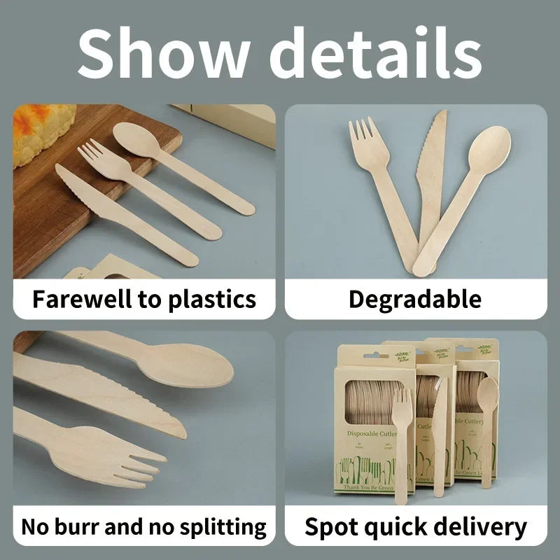Disposable Wooden Cutlery Set Eco-Friendly  Fork Knife Spoon Wedding Birthday Party Outdoor Picnic Kitchen Recyclable Flatware