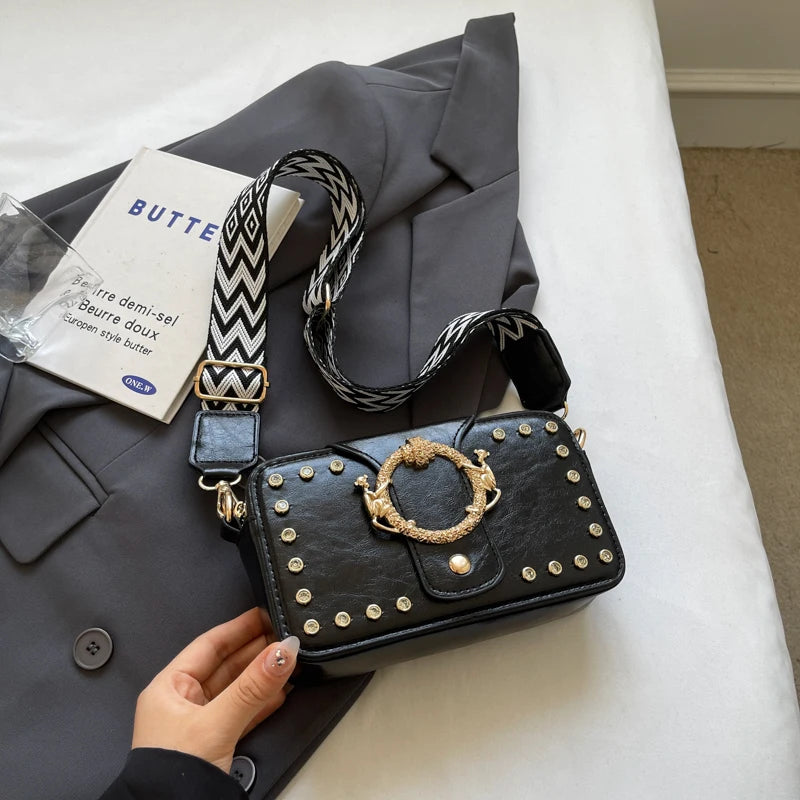 Luxury Rivet Pu Leather Crossbody Bag For Women 2024 New Wide Strap Shoulder Handbag And Purse Black Zipper Messenger Bags