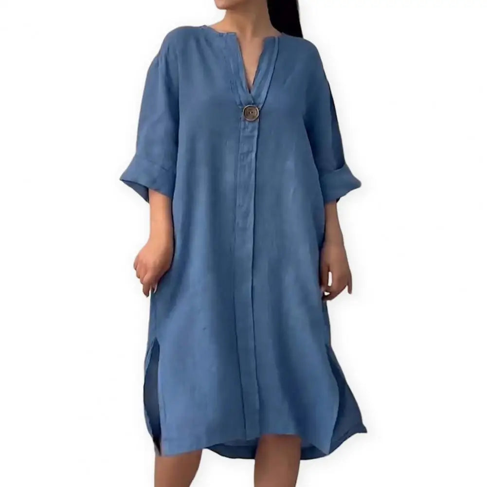 Soft Fabric Women Dress Button V-neck Dress Women's Loose V Neck A-line Midi Dress with Three Quarter Sleeves for Wear