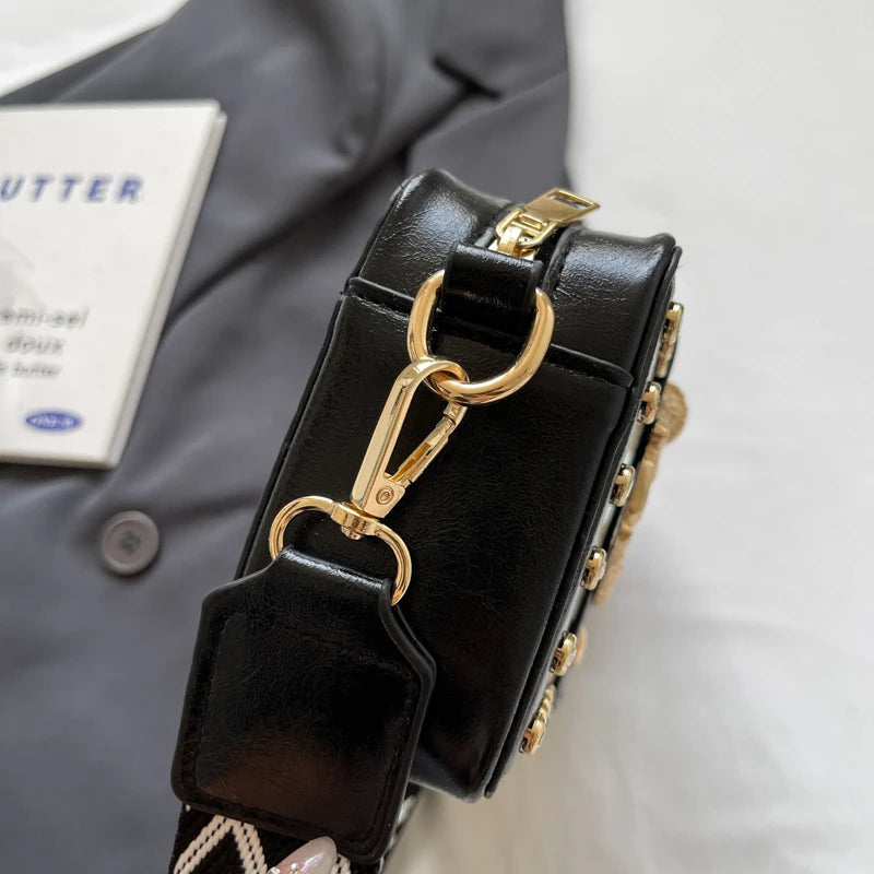 Luxury Rivet Pu Leather Crossbody Bag For Women 2024 New Wide Strap Shoulder Handbag And Purse Black Zipper Messenger Bags