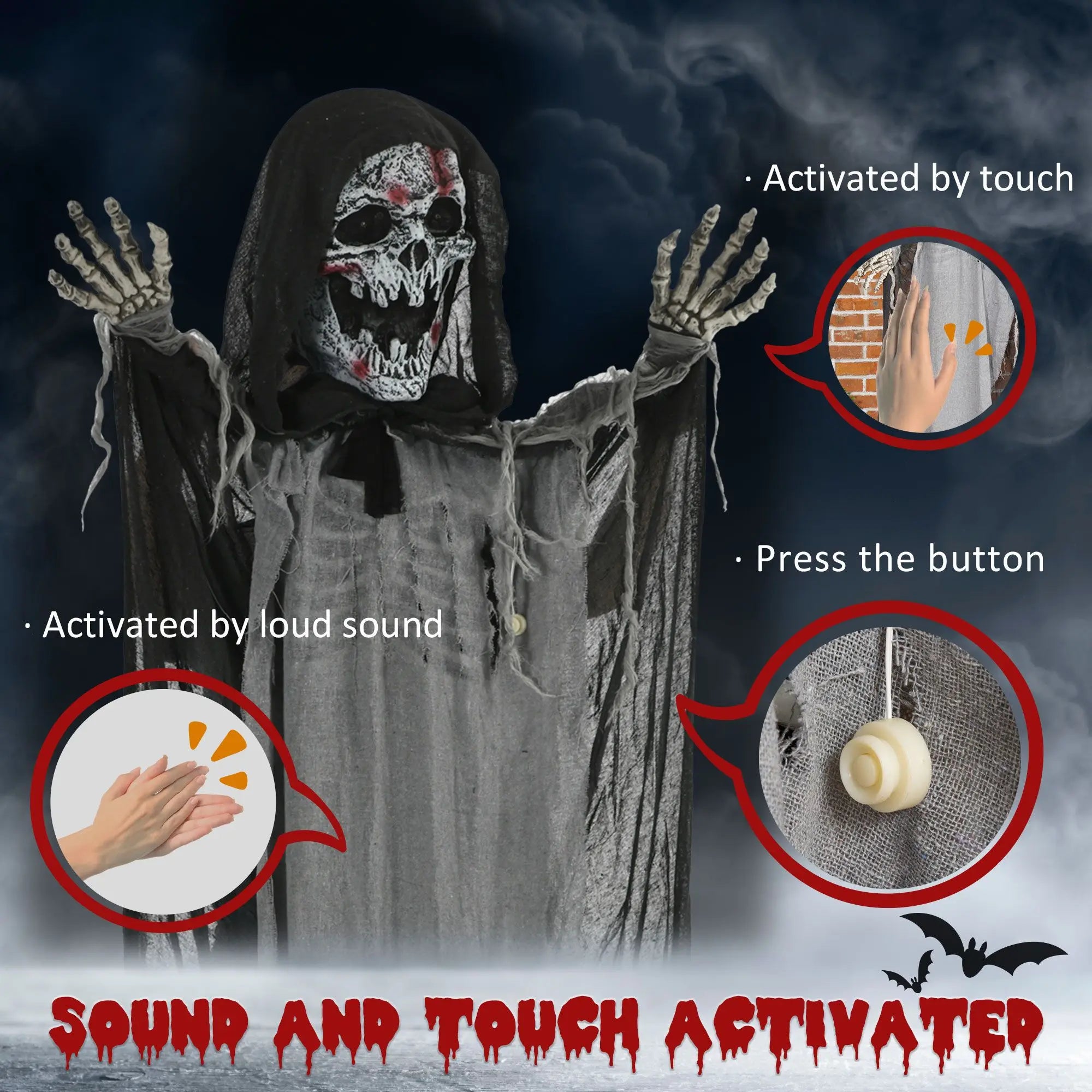Creepy Halloween Skeleton Witch Animated Prop with Light-Up Eyes and Chest Howling Chain Sound for Spooky Decorations