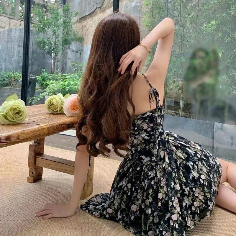 Retro Floral Dresses Women Sexy Slim Spaghetti Strap Lace Up Mini Dress Female Summer Holiday Beach Backless Empire Sundress