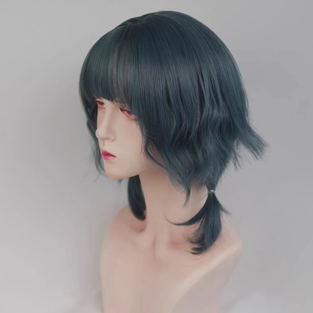 VICWIG Blue Short Wavy Mullet Head Wigs with Bangs Synthetic Lolita Cosplay Women Hair Wig for Daily Party
