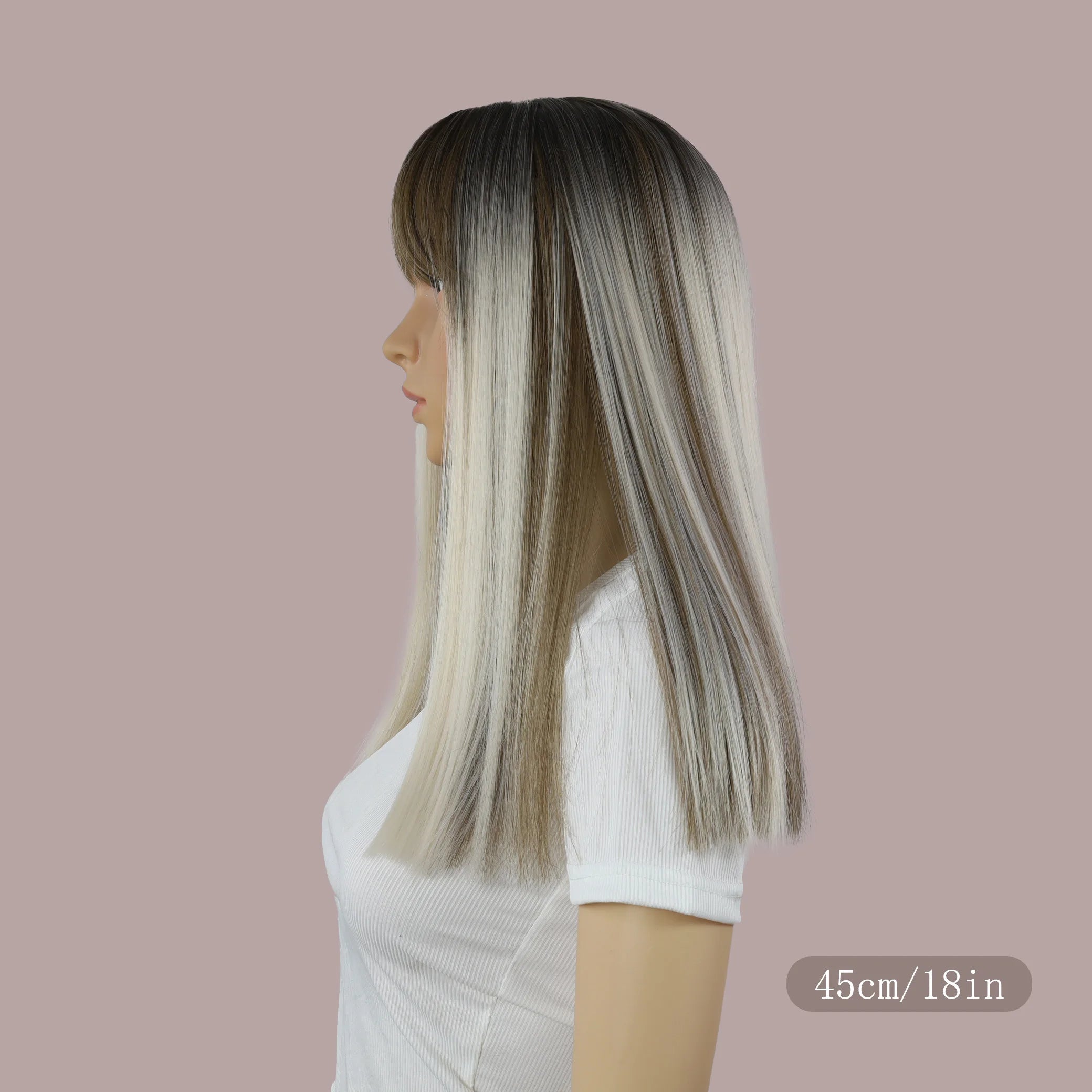Wigs for women long straight hair 18 inches bangs, gradient mixed colors brown and white, heat-resistant synthetic fiber easy to
