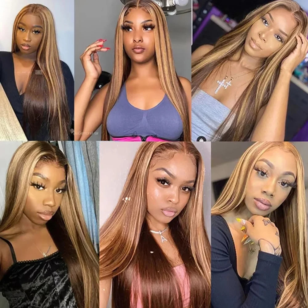 P4/27 Highlight Straight Honey Blonde 13x6 HD Lace Frontal Human Hair Wigs 200 Density 46 Inch Human Hair Wigs For Women