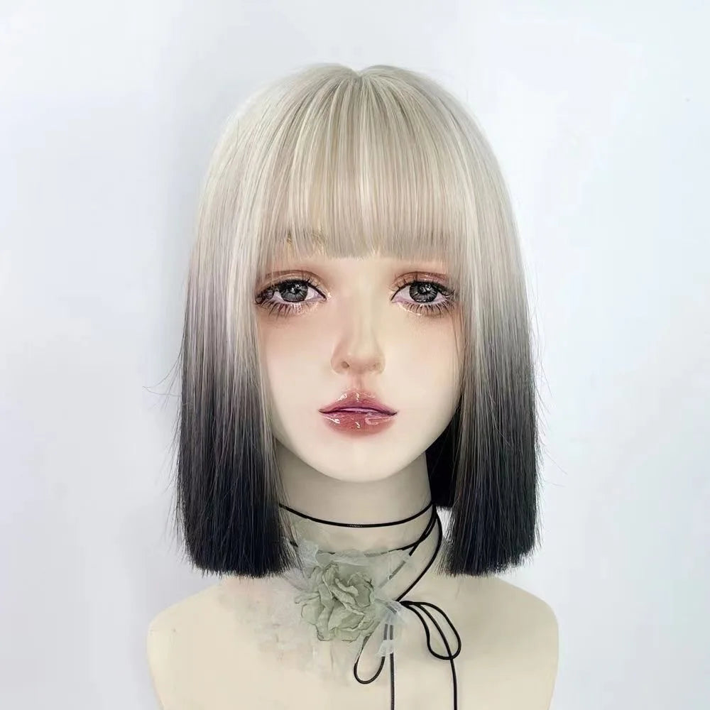 wig short hair black and white gold gradient subculture women's full head set light color color shoulder length hair y2k neutral
