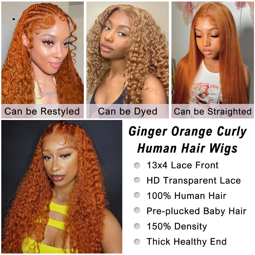 Ginger Deep Wave Wig Human Hair 13x4 Ginger Orange Lace Front Wigs Human Hair Pre Plucked with Baby Hair Curly Wig Human Hair