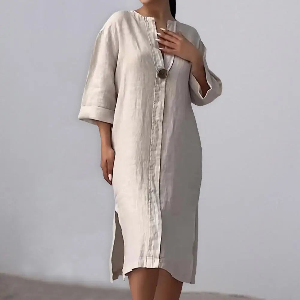 Summer Women Dress V Neck Side Split Loose Pullover Button Pure Color Long Sleeves Casual Daily Wear Midi Dress