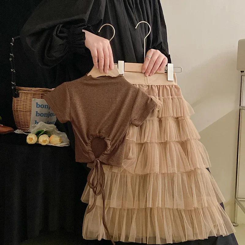 Children's Clothing Set Wear Summer New Girls' Fashion Top Sweet Cake Half Skirt Set Birthday Party Kids Boutique Clothes