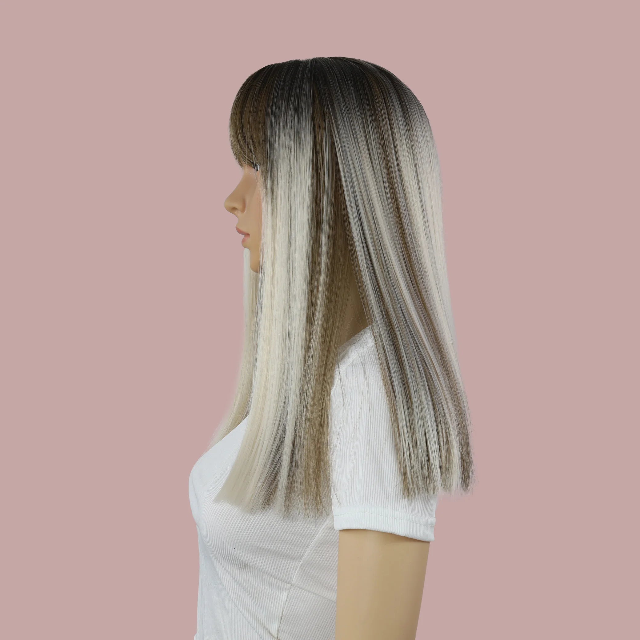 Wigs for women long straight hair 18 inches bangs, gradient mixed colors brown and white, heat-resistant synthetic fiber easy to