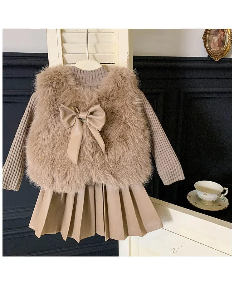 Children's Clothing Sets Fashion Furry Coat + Knitted Top + Pleated Leather Skirt 3pcs Sets Kids Clothes Girls Baby Girl Clothes