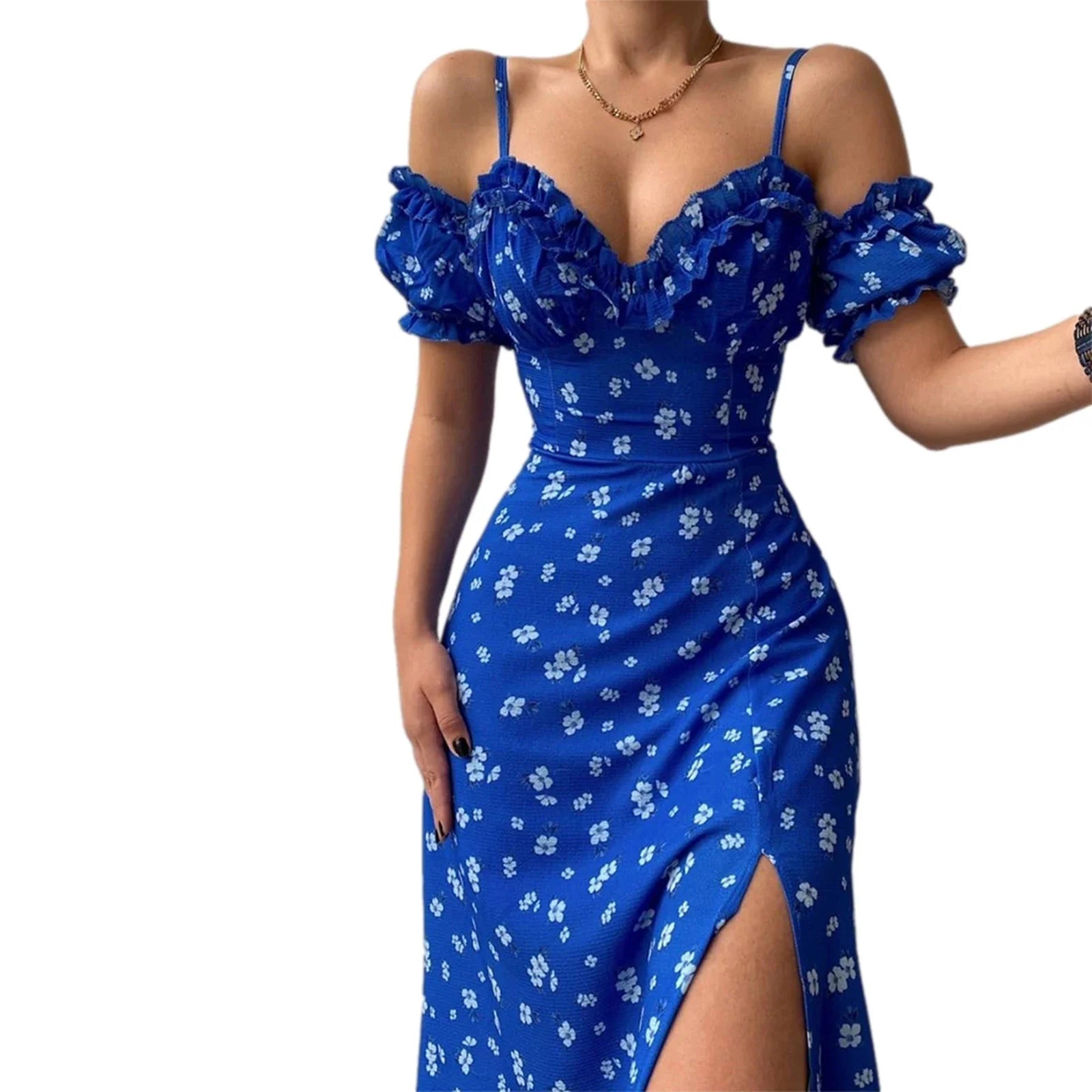 New Summer Elegant Casual Floral Print Off Shoulder Split Dress Women Short Sleeve Slim Midi Dress for Club Party Holiday