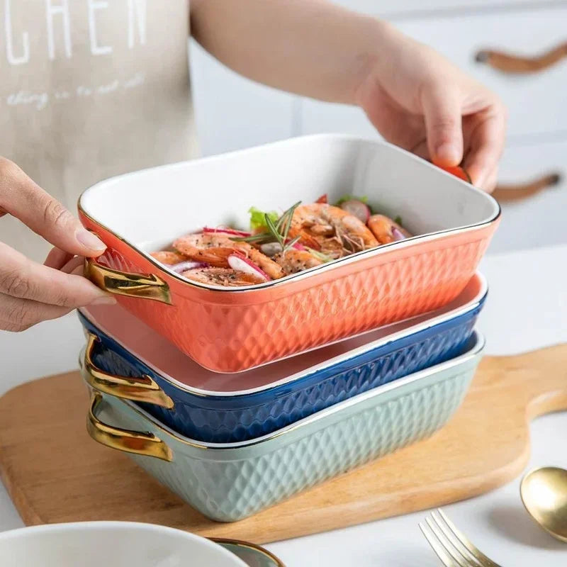 Golden Side Baking Tray Rectangle Oval Ceramic Glaze Baking Pan Barbecue Salad Plate Oven Kitchen Bableware