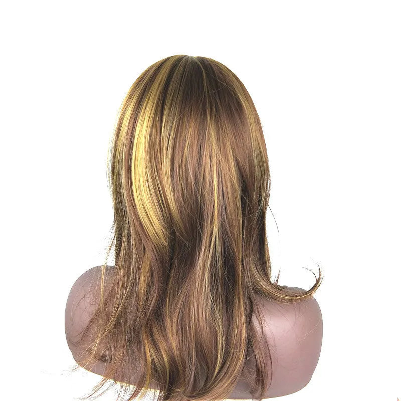 Wig female brown highlights medium long curly synthetic high temperature silk mechanism full head set wig