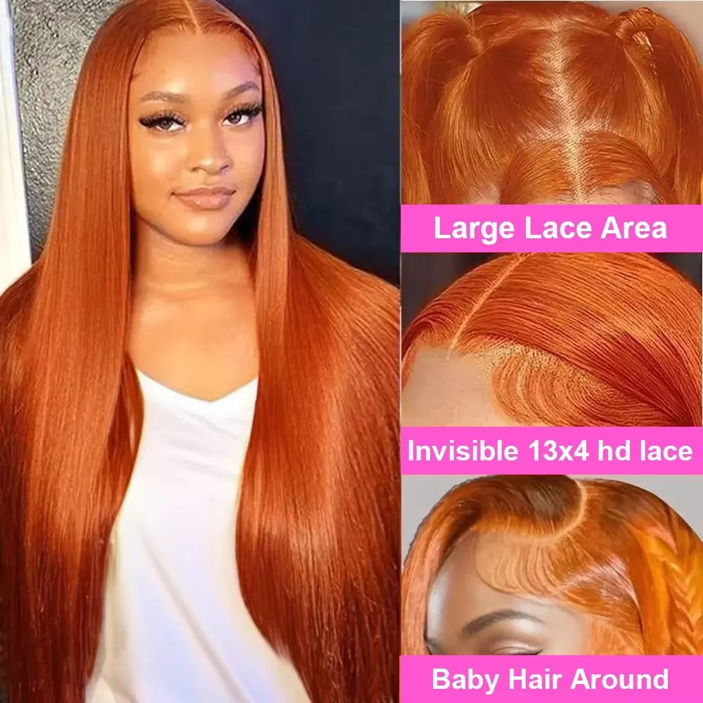 Bone Straight Ginger Orange Lace Frontal Wig 30 Inch 13x6 Lace Front Human Hair Wigs High Density Colored Brazilian Wig Women