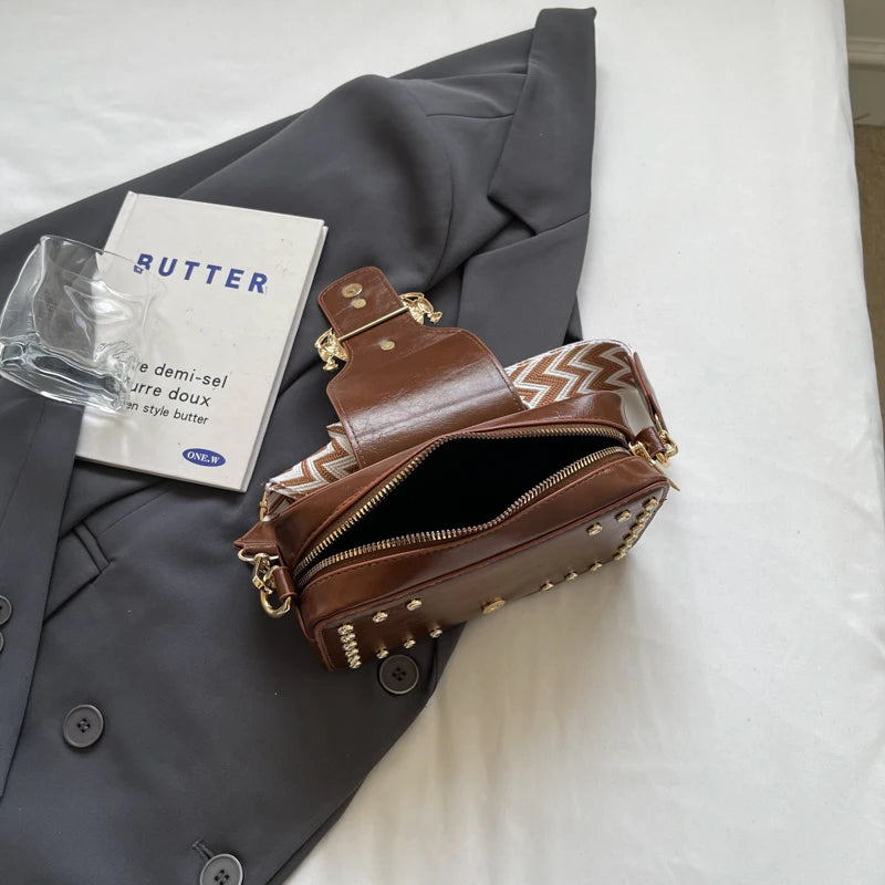 Luxury Rivet Pu Leather Crossbody Bag For Women 2024 New Wide Strap Shoulder Handbag And Purse Black Zipper Messenger Bags