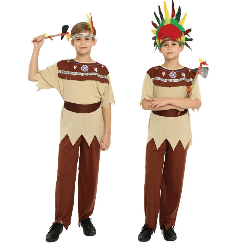 Halloween Costumes Children Boys Girls Gray-white Indian Clothes Indigenous Costumes Masquerade Performance Costumes
