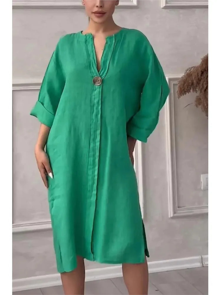 Elegant O-neck Long-sleeved Button Dress For Women Summer Cotton And Linen Solid Color Loose Casual Slit Simple Dress Female