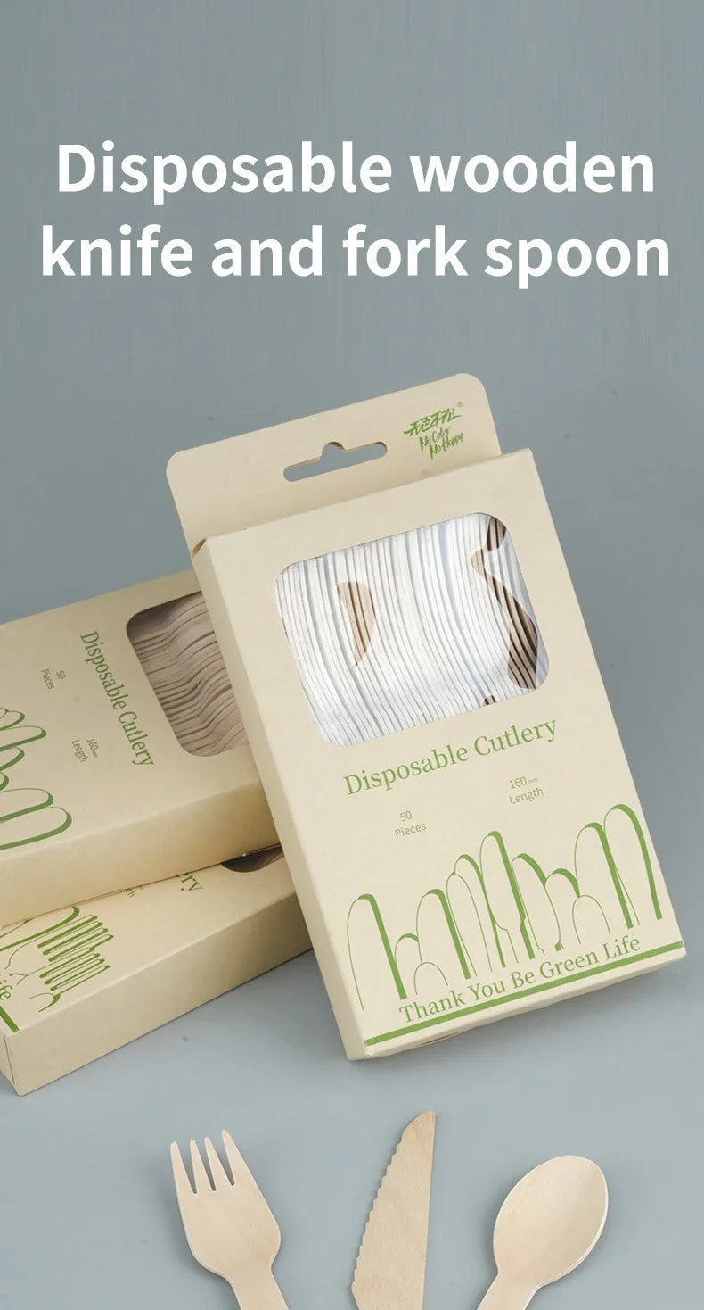 Disposable Wooden Cutlery Set Eco-Friendly  Fork Knife Spoon Wedding Birthday Party Outdoor Picnic Kitchen Recyclable Flatware