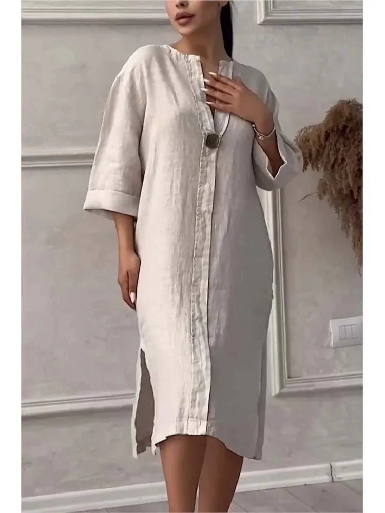 Elegant O-neck Long-sleeved Button Dress For Women Summer Cotton And Linen Solid Color Loose Casual Slit Simple Dress Female