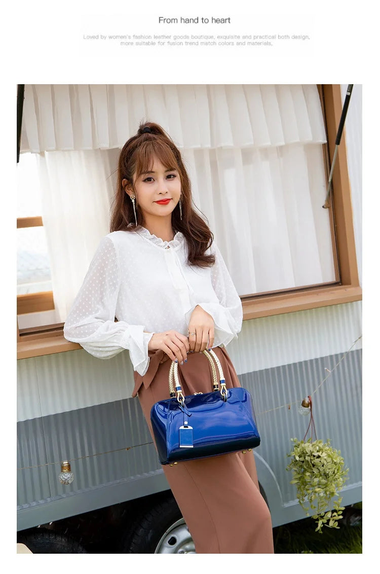 Luxury Designer Handbag Shiny Leather Boston Bag 2024 Fashion New Blue Red Black Beige Pink Bags for Women