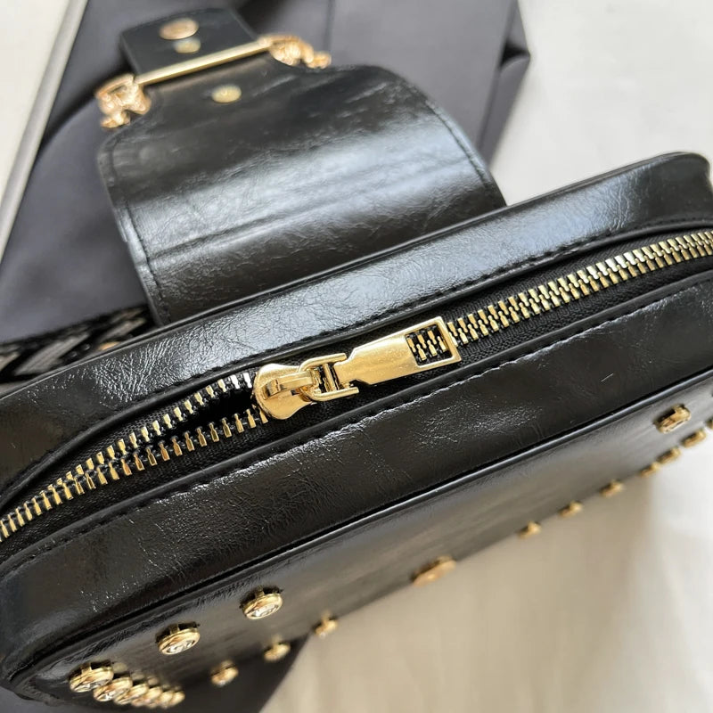 Luxury Rivet Pu Leather Crossbody Bag For Women 2024 New Wide Strap Shoulder Handbag And Purse Black Zipper Messenger Bags