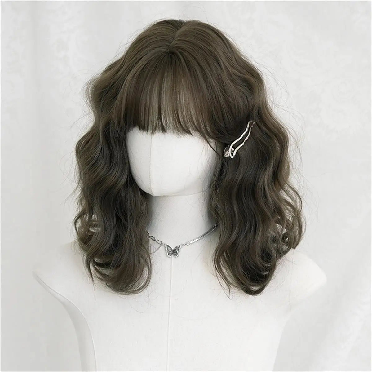 Wig for Women with Short Curly Hair, New Summer Product, Misty Cold Brown Chemical Fiber, Simulated Full Headgear with Bangs, High Temperature Silk Curly Hair, Synthetic Wig