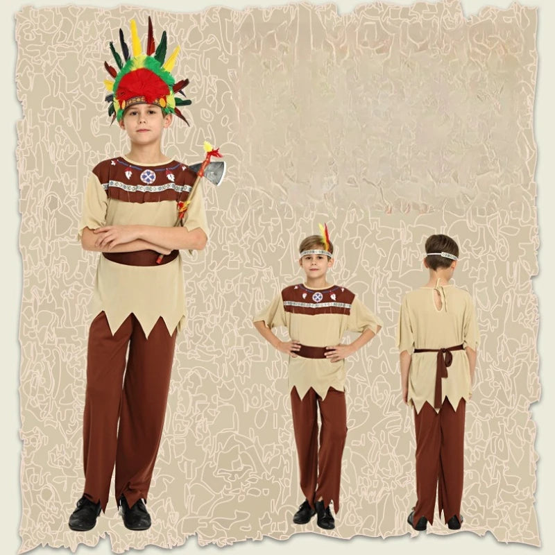 Halloween Costumes Children Boys Girls Gray-white Indian Clothes Indigenous Costumes Masquerade Performance Costumes
