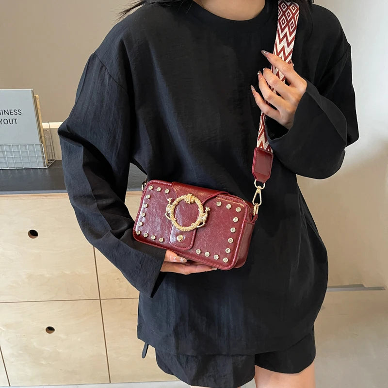 Luxury Rivet Pu Leather Crossbody Bag For Women 2024 New Wide Strap Shoulder Handbag And Purse Black Zipper Messenger Bags