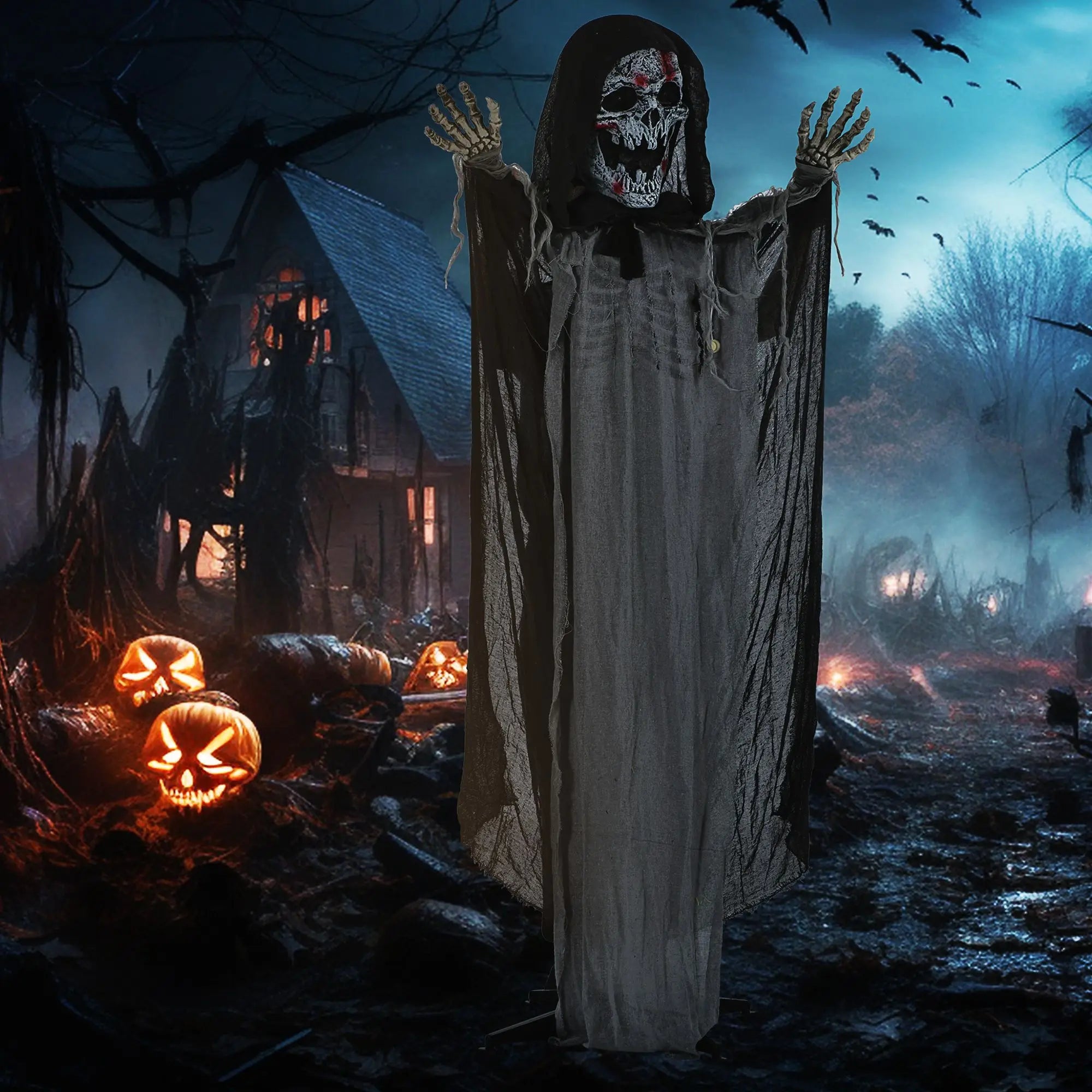 Creepy Halloween Skeleton Witch Animated Prop with Light-Up Eyes and Chest Howling Chain Sound for Spooky Decorations