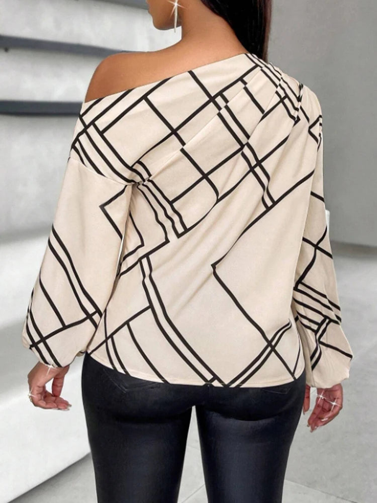 Ladies' Spring/Summer Daily Commuting Elegant Casual Shirt with Striped Print, Pleated and Asymmetric Neckline