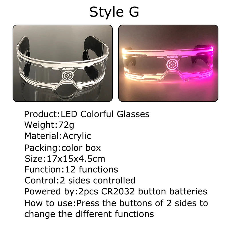 Acrylic LED Luminous Glasses Glow Party Glasses Neon Light Up Visor Eyeglasses DJ Bar Party Eyewear For Halloween Christmas