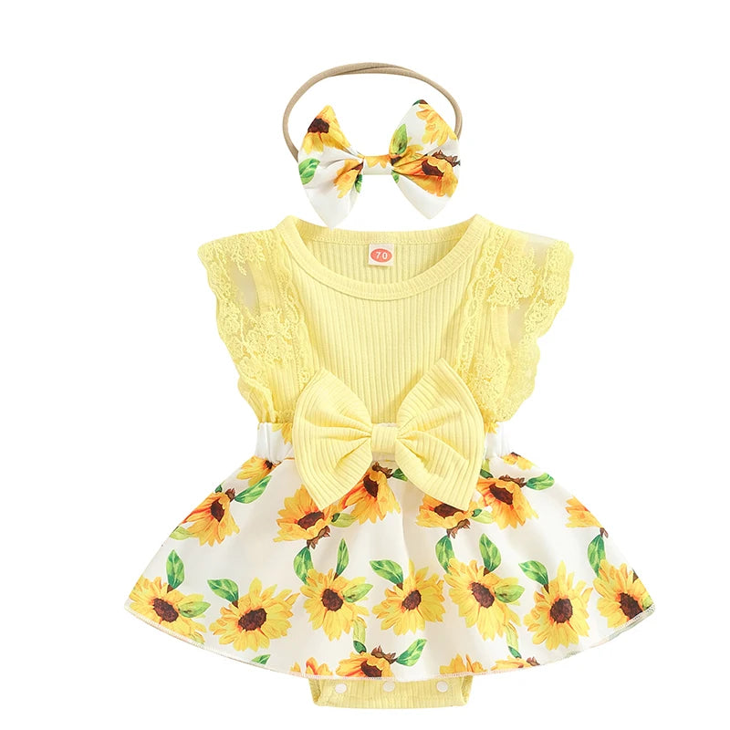 Pudcoco Baby Girl Summer Jumpsuit Floral Print Lace Patchwork Romper Dress and Headband Set Cute Fashion Clothes Outfits 0-18M