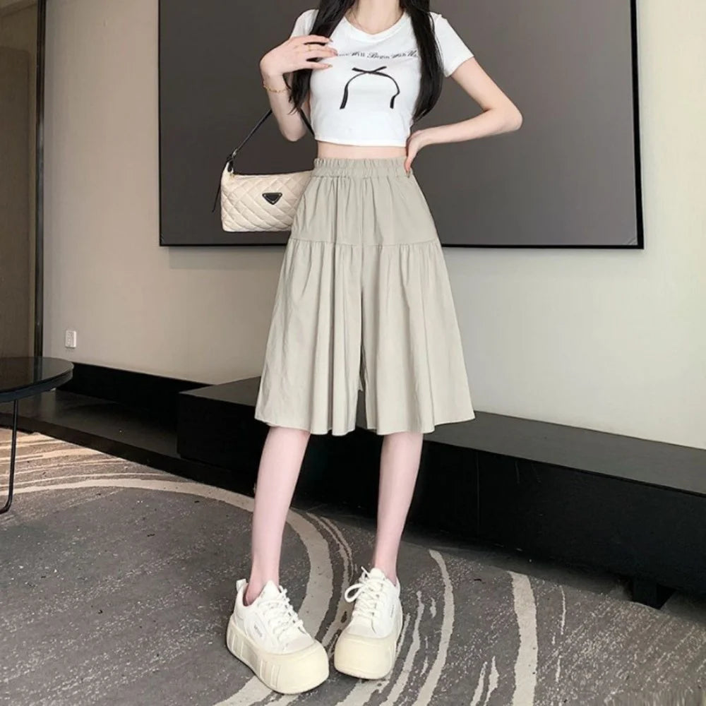 Ladies' A-line skirts, high-waisted, loose and puffy, casual ice silk, wide-leg capre pants, comfortable and convenient women