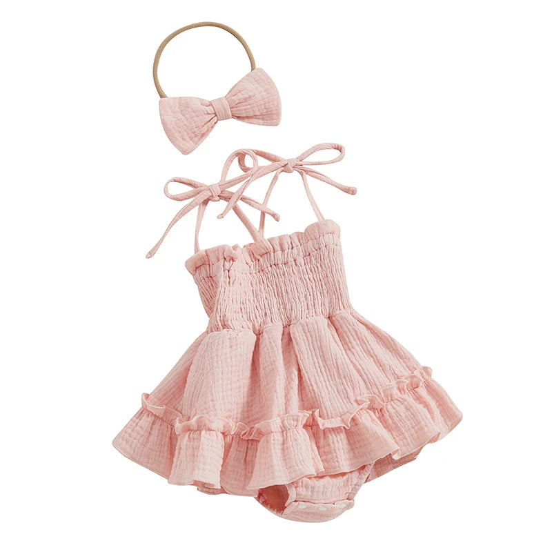 Lioraitiin Newborn Baby Girls Romper Dress Summer Clothes Sleeveless Solid Color Tie Up Spaghetti Strap Jumpsuit With Headband