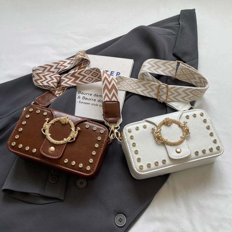 Luxury Rivet Pu Leather Crossbody Bag For Women 2024 New Wide Strap Shoulder Handbag And Purse Black Zipper Messenger Bags