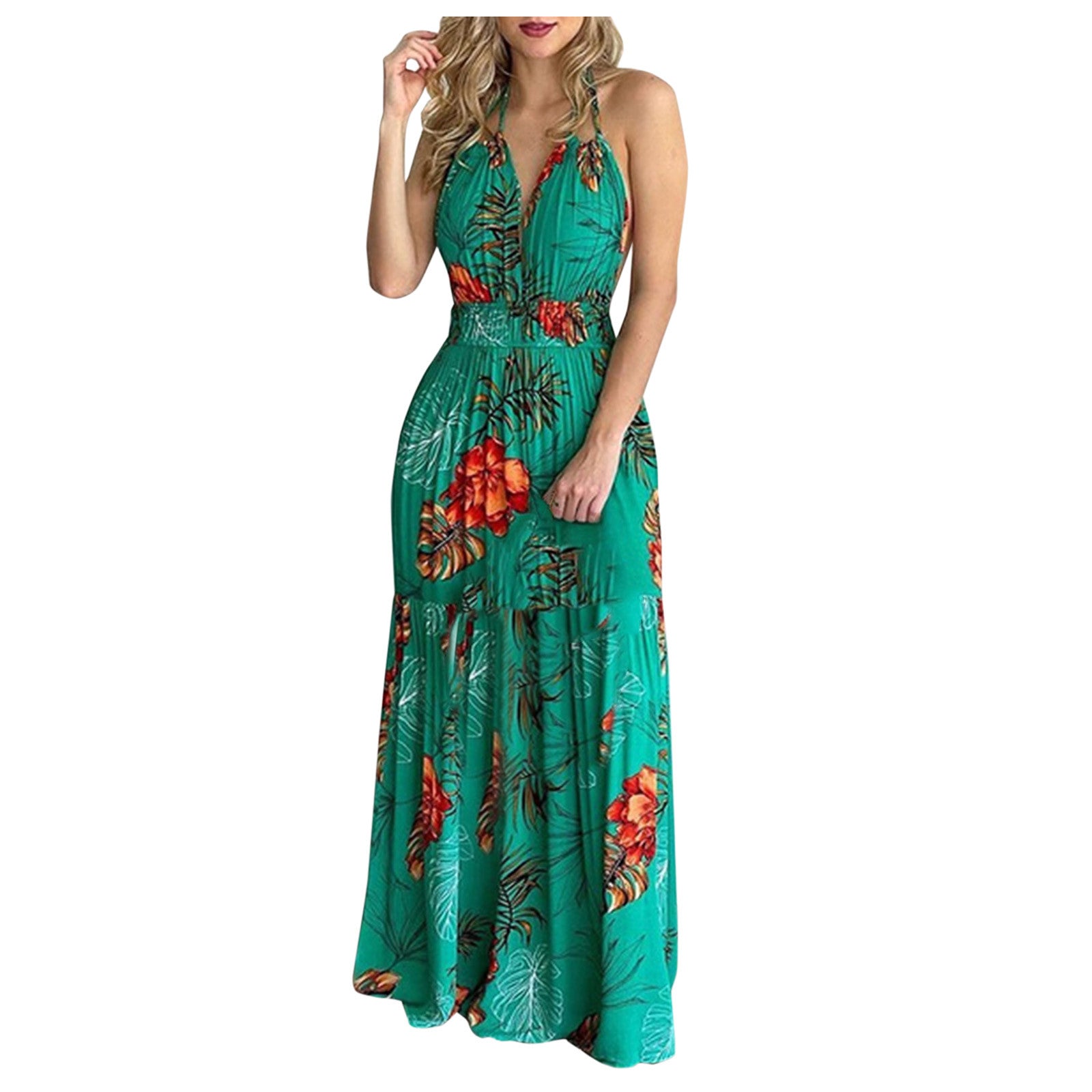 Women's Tropical Print Halter Maxi Dress - Backless Beach Summer Dress