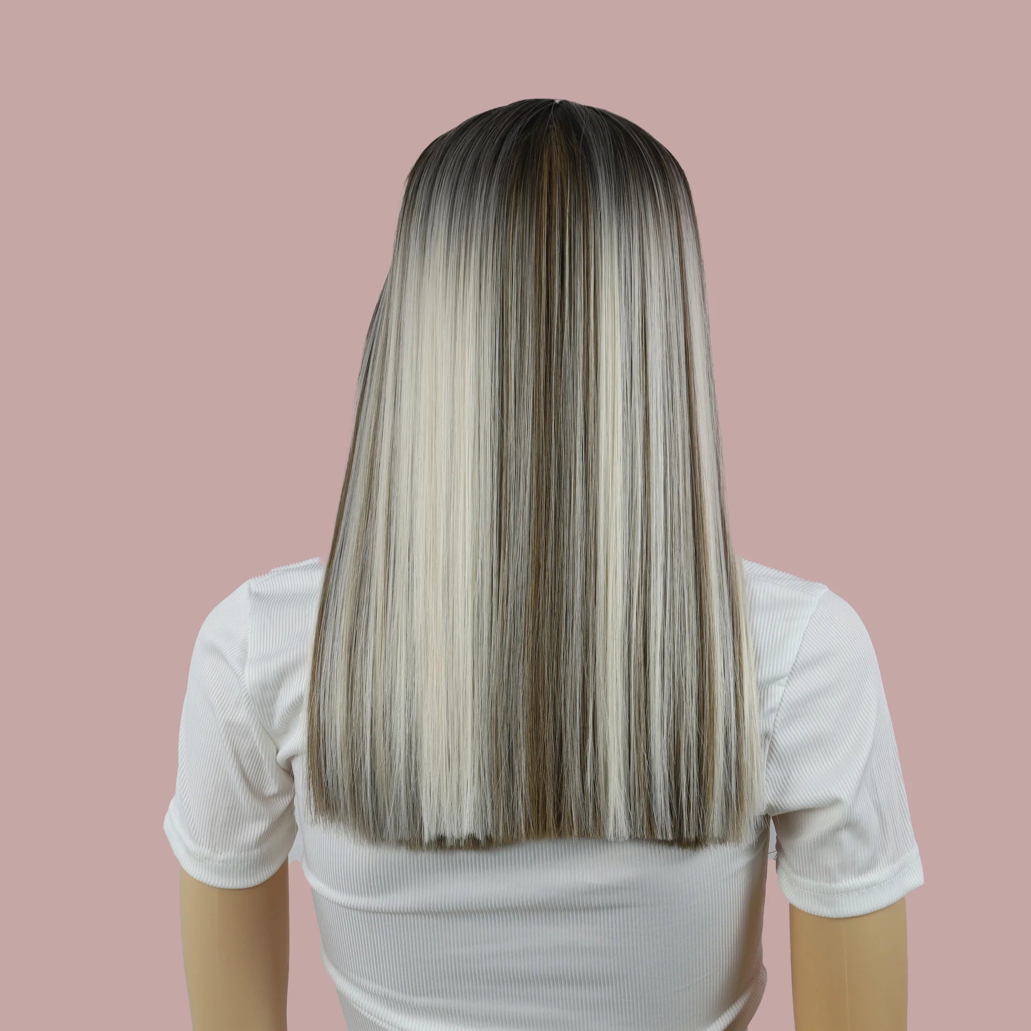 Wigs for women long straight hair 18 inches bangs, gradient mixed colors brown and white, heat-resistant synthetic fiber easy to