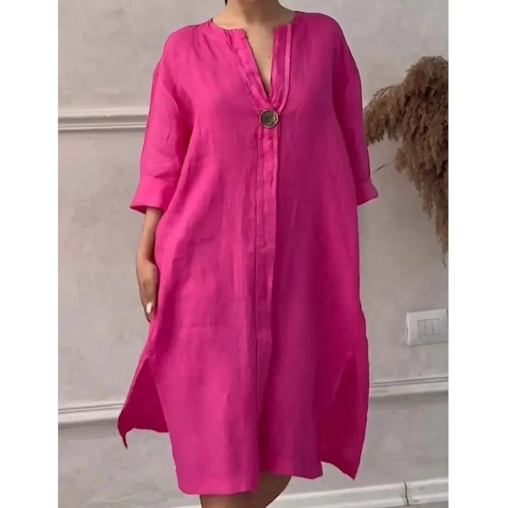 Loose V-neck Two Side Slit Pullover Dress 2024 Women's New Cotton And Linen Solid Color Casual Long-Sleeved Button Maxi Dress
