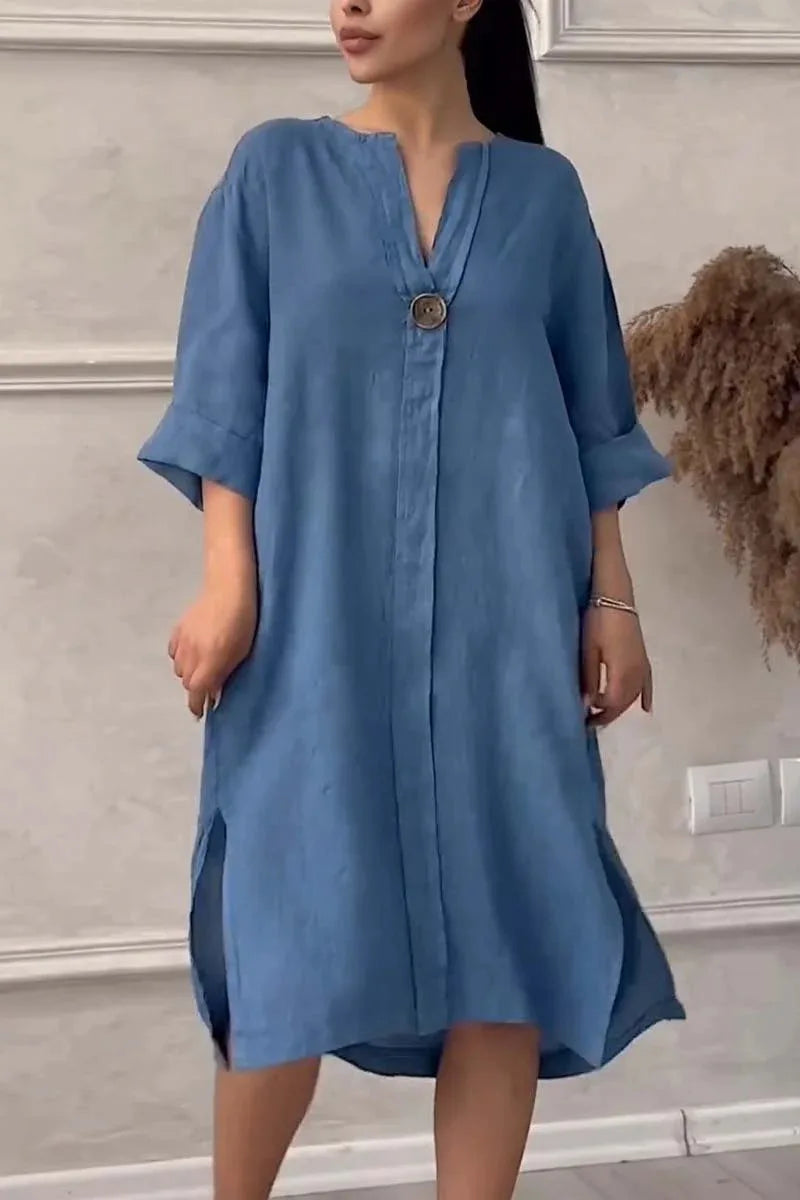Elegant O-neck Long-sleeved Button Dress For Women Summer Cotton And Linen Solid Color Loose Casual Slit Simple Dress Female