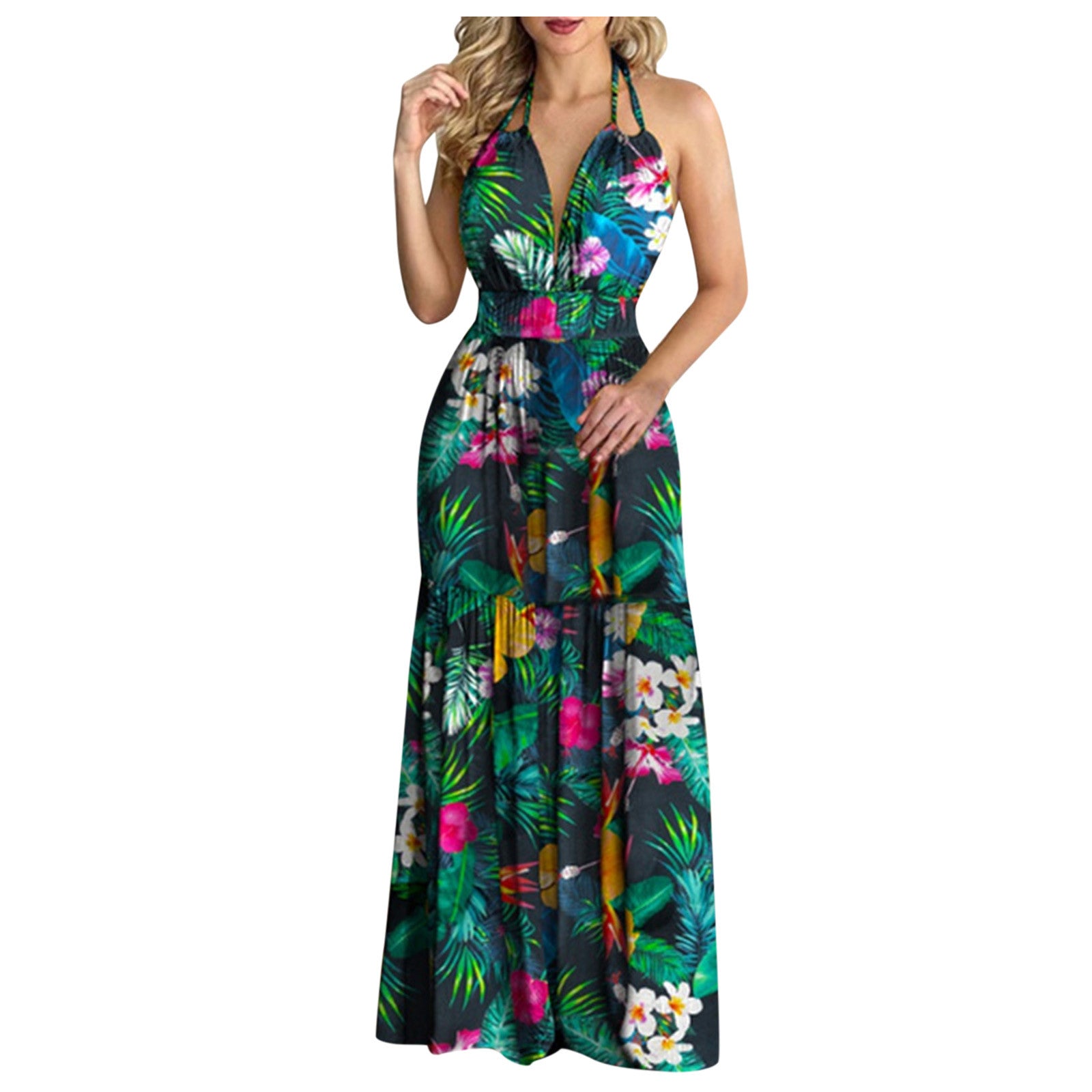 Women's Tropical Print Halter Maxi Dress - Backless Beach Summer Dress