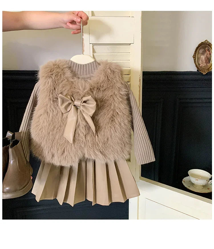Children's Clothing Sets Fashion Furry Coat + Knitted Top + Pleated Leather Skirt 3pcs Sets Kids Clothes Girls Baby Girl Clothes