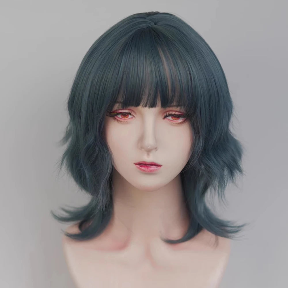 VICWIG Blue Short Wavy Mullet Head Wigs with Bangs Synthetic Lolita Cosplay Women Hair Wig for Daily Party